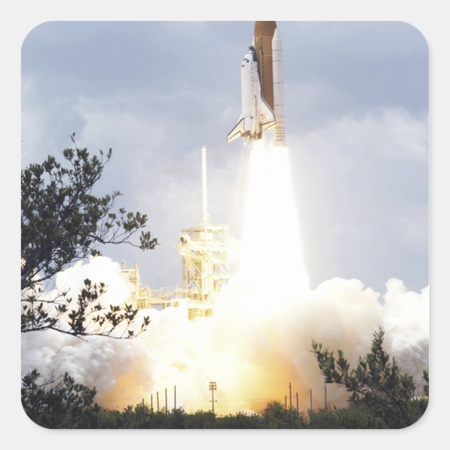 Pegatina Cuadrada El transbordador espacial Atlantis despega 4 (Anverso)