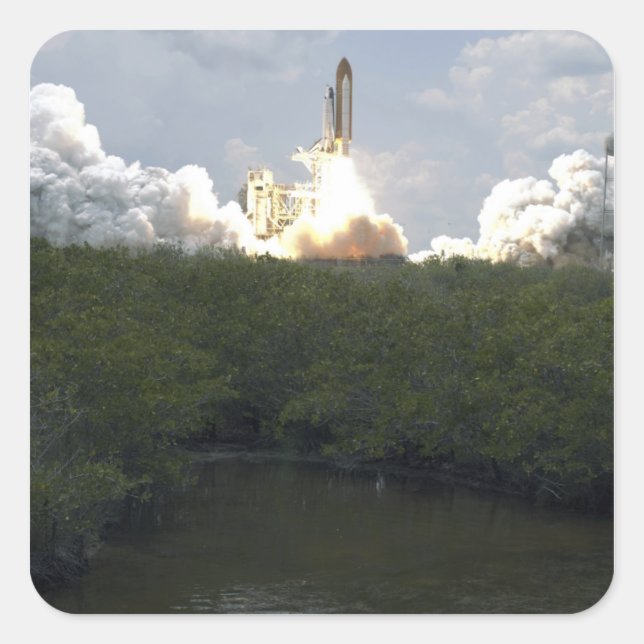Pegatina Cuadrada El transbordador espacial Atlantis levanta 13 (Anverso)