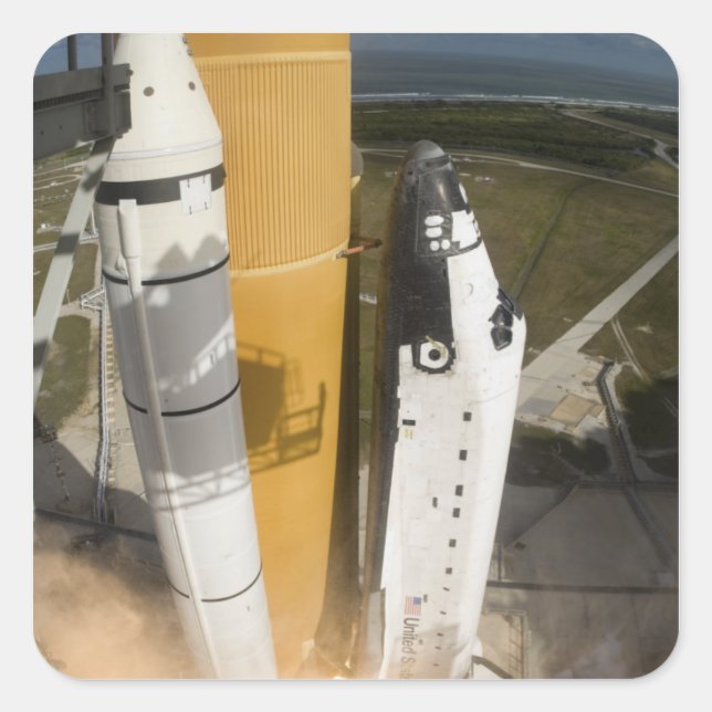 Pegatina Cuadrada El transbordador espacial Atlantis levanta 17 (Anverso)