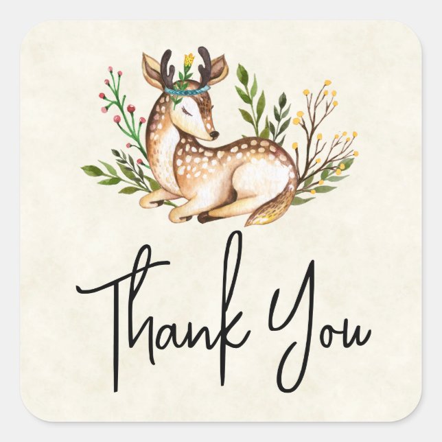 Pegatina Cuadrada El venado acuarela de la bonito, Boho Gracias (Anverso)