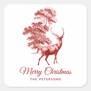 Pegatina Cuadrada El venado de tela rojo clásico en el bosque