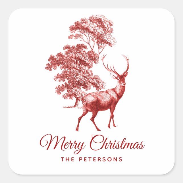 Pegatina Cuadrada El venado de tela rojo clásico en el bosque (Anverso)