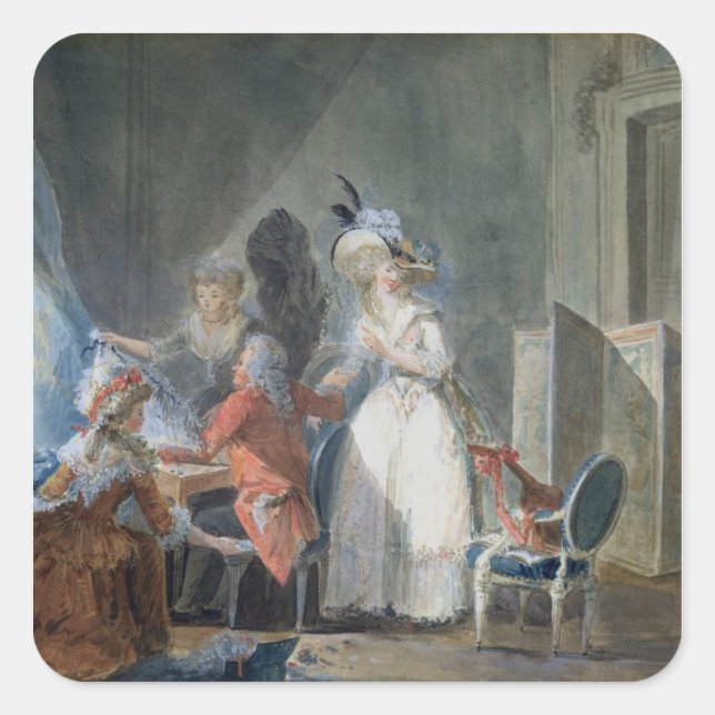 Pegatina Cuadrada El vendedor de moda (Anverso)