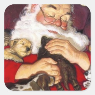 Pegatina Cuadrada El viejo Santa Claus sostiene los cachorros