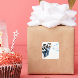 Pegatina Cuadrada El voleibol Jesús salva la divertida fe cristiana