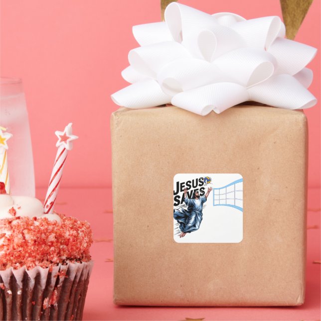 Pegatina Cuadrada El voleibol Jesús salva la divertida fe cristiana (Fiesta)