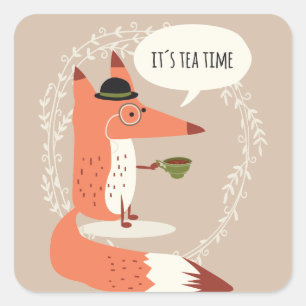 Pegatina Cuadrada El zorro personalizado lindo tomando té
