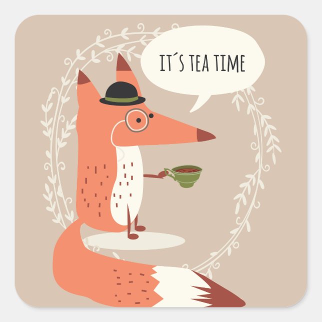Pegatina Cuadrada El zorro personalizado lindo tomando té (Anverso)