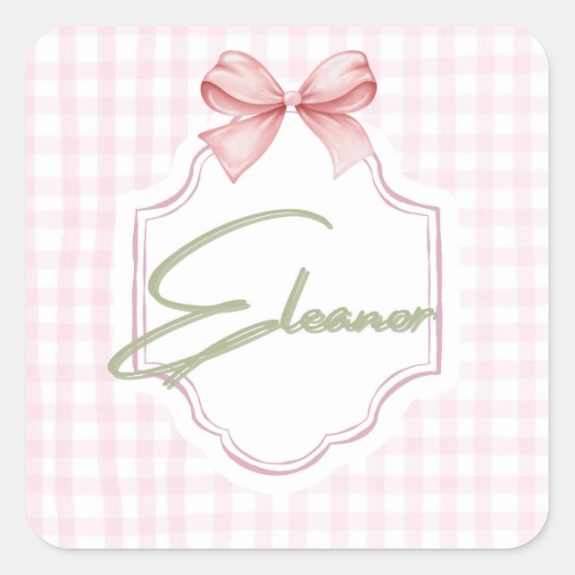 Pegatina Cuadrada Eleanor Baby Nursery Gingham Personalizado (Anverso)
