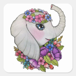 Pegatina Cuadrada Elefante acuarela con flores silvestres