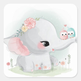 Pegatina Cuadrada Elefante Adorable Y Aves