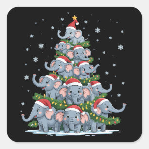Pegatina Cuadrada Elefante Árbol de Navidad Divertido Elefante Lindo
