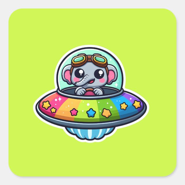 Pegatina Cuadrada Elefante arcoiris de OVNI (Anverso)