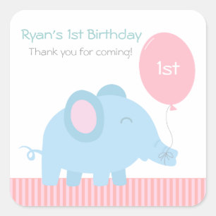Pegatina Cuadrada Elefante azul bebé lindo con un globo rosa