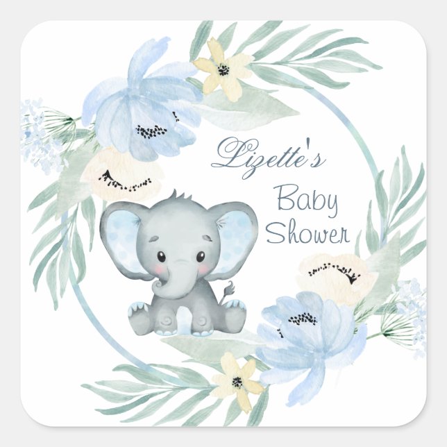 Pegatina Cuadrada Elefante azul floral Baby Shower (Anverso)
