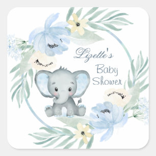Pegatina Cuadrada Elefante azul floral Baby Shower