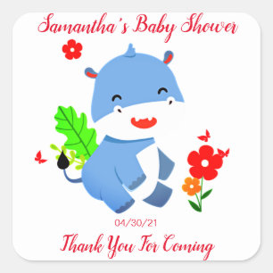 Pegatina Cuadrada Elefante Azul lindo con Baby Shower de flores roja