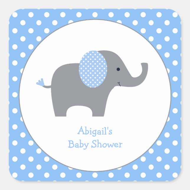Pegatina Cuadrada Elefante Baby Shower Squ de puntos de polka azul y (Anverso)