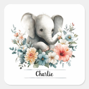 Pegatina Cuadrada Elefante bebé de color de agua adorable con nombre