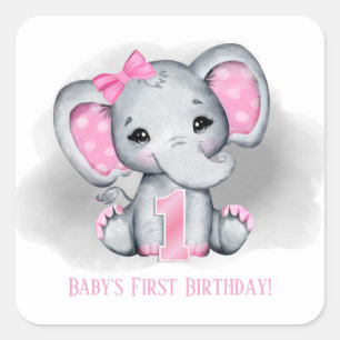 Pegatina Cuadrada elefante bebé elefante primer cumpleaños agregar