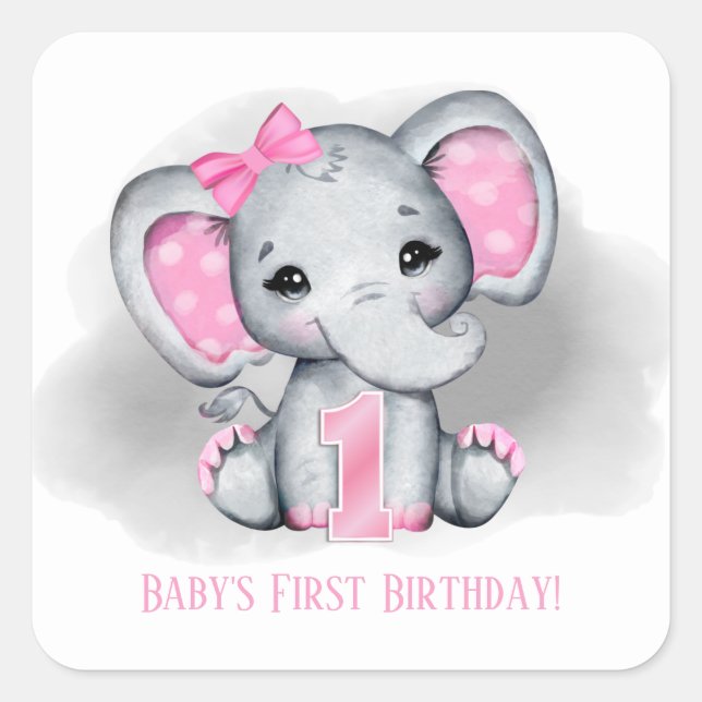 Pegatina Cuadrada elefante bebé elefante primer cumpleaños agregar t (Anverso)