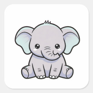 Pegatina Cuadrada Elefante Bebé – Ilustración Kawaii Adorable