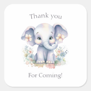 Pegatina Cuadrada Elefante bebé lindo con flores Baby Shower
