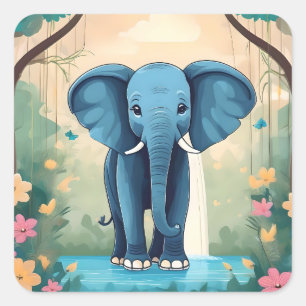 Pegatina Cuadrada Elefante Bebé Whimsical Azul,