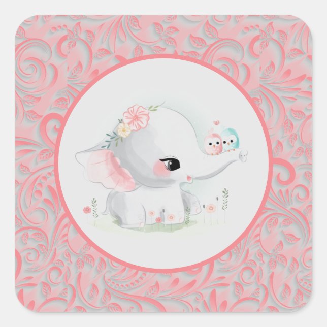 Pegatina Cuadrada Elefante Chica Rosa Baby Shower (Anverso)