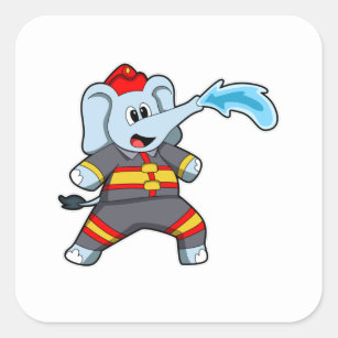 Pegatina Cuadrada Elefante como bombero con manguera