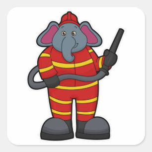 Pegatina Cuadrada Elefante como bombero con manguera