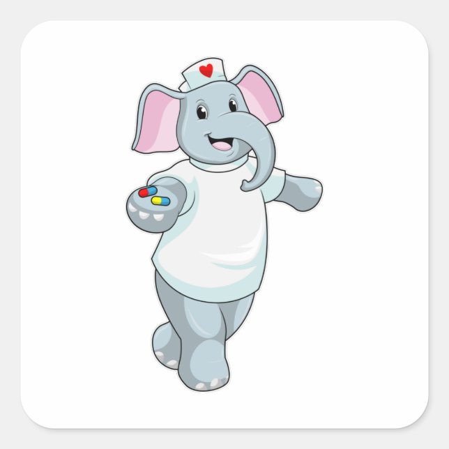 Pegatina Cuadrada Elefante como enfermera con medicina (Anverso)