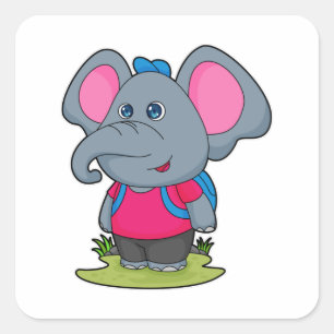 Pegatina Cuadrada Elefante como excursionista con mochila