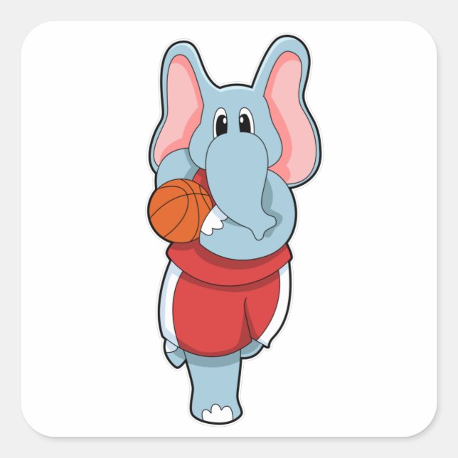 Pegatina Cuadrada Elefante como jugador de baloncesto con baloncesto (Anverso)