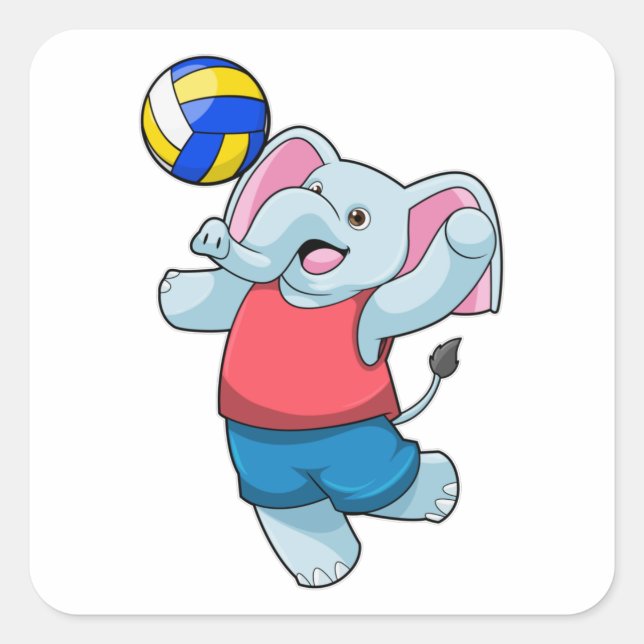 Pegatina Cuadrada Elefante como jugador de voleibol con voleibol (Anverso)