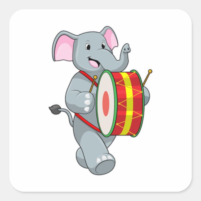 Pegatina Cuadrada Elefante como músico con tambor (Anverso)