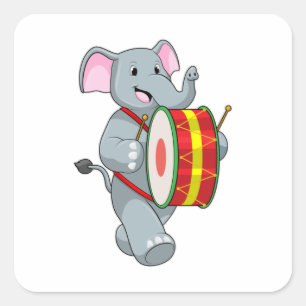 Pegatina Cuadrada Elefante como músico con tambor