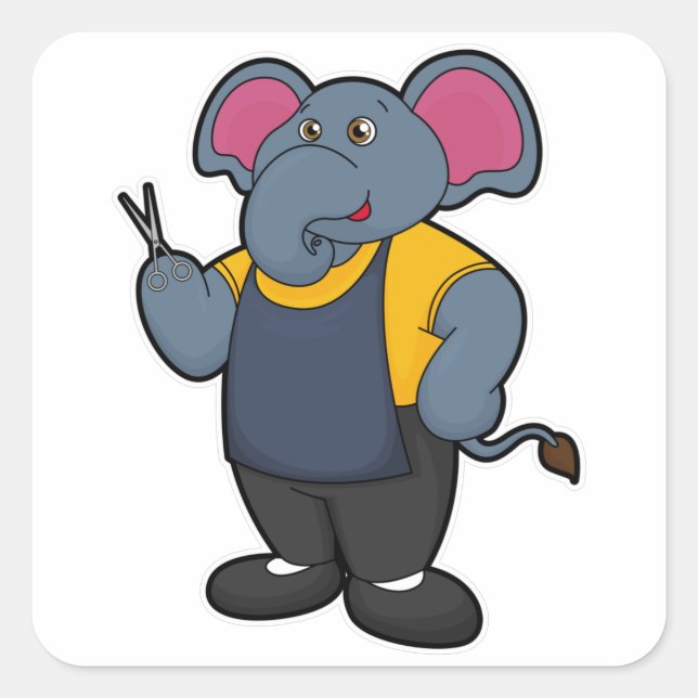 Pegatina Cuadrada Elefante como peluquero con tijeras (Anverso)