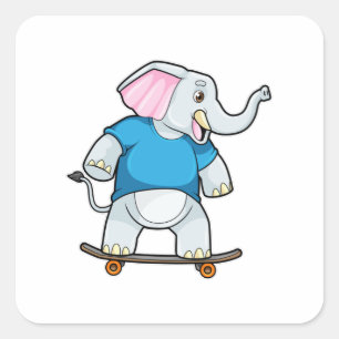 Pegatina Cuadrada Elefante como Skater con Skateboard