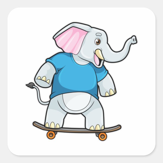 Pegatina Cuadrada Elefante como Skater con Skateboard (Anverso)