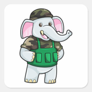 Pegatina Cuadrada Elefante como soldado con uniforme y casco