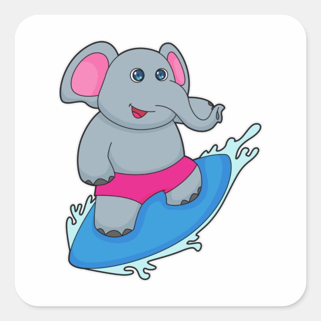 Pegatina Cuadrada Elefante como surfista con tabla de surf (Anverso)