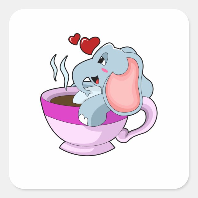Pegatina Cuadrada Elefante con Copa de Café (Anverso)
