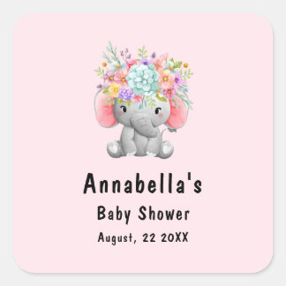 Pegatina Cuadrada Elefante con Flores Baby Shower