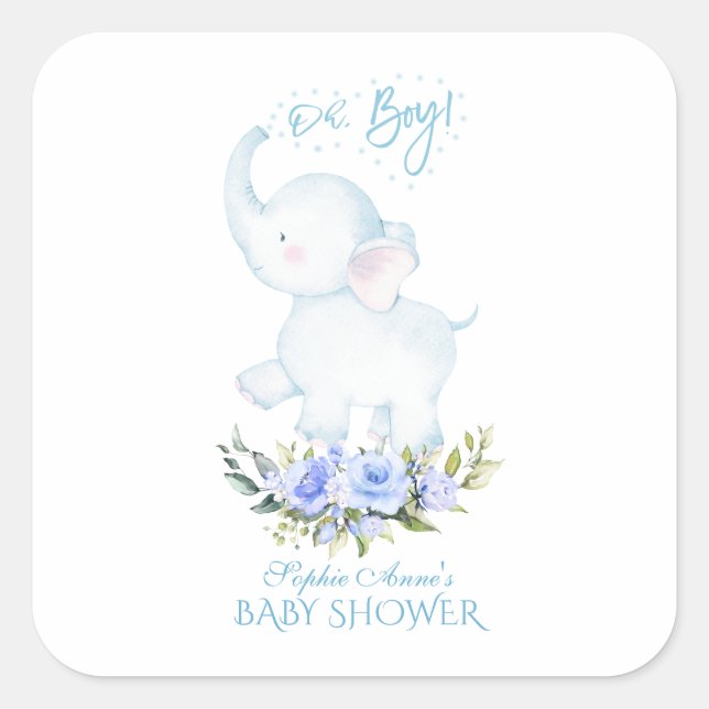 Pegatina Cuadrada Elefante cutáneo de agua Oh Boy Baby Shower (Anverso)