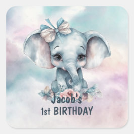 Pegatina Cuadrada Elefante Cute Primer Fiesta de cumpleaños