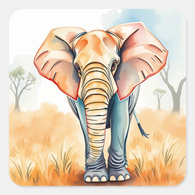 Pegatina Cuadrada Elefante de acuarela adorable (Anverso)