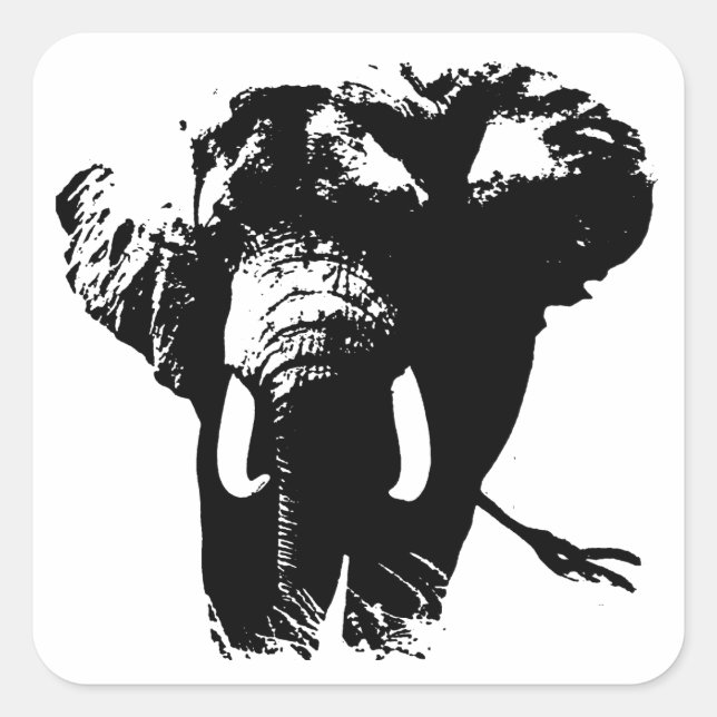 Pegatina Cuadrada Elefante de arte pop en blanco y negro (Anverso)