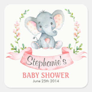 Pegatina Cuadrada Elefante de color agua Baby Shower Chica