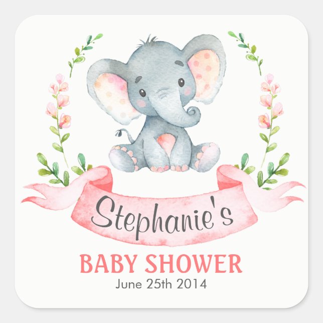 Pegatina Cuadrada Elefante de color agua Baby Shower Chica (Anverso)